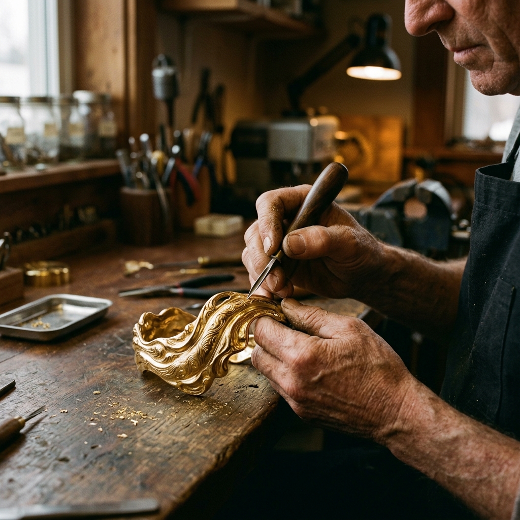 Master artisan sculpting gold jewelry piece in atelier