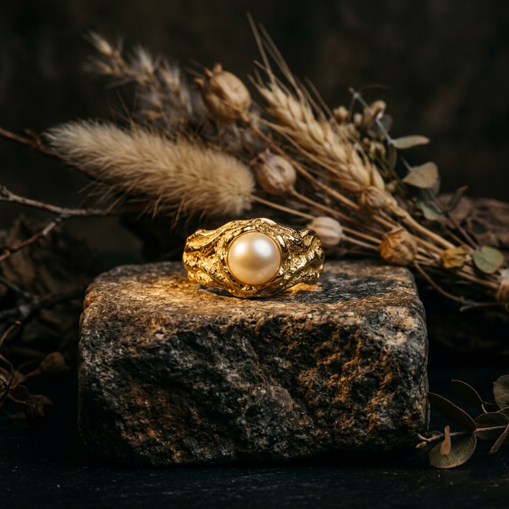 Sculpted gold ring with pearl sitting on dark rock pedestal