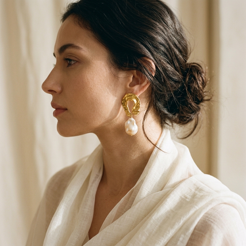 Editorial model with sculpted gold and pearl drop earring
