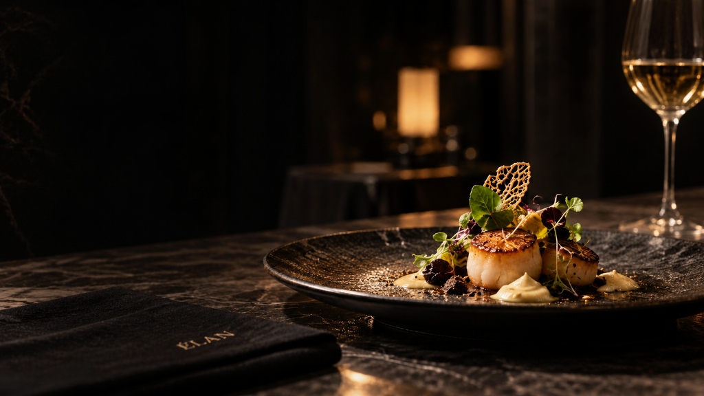 ÉLAN Michelin-inspired seared scallops dish on dark marble with gold garnish and wine glass