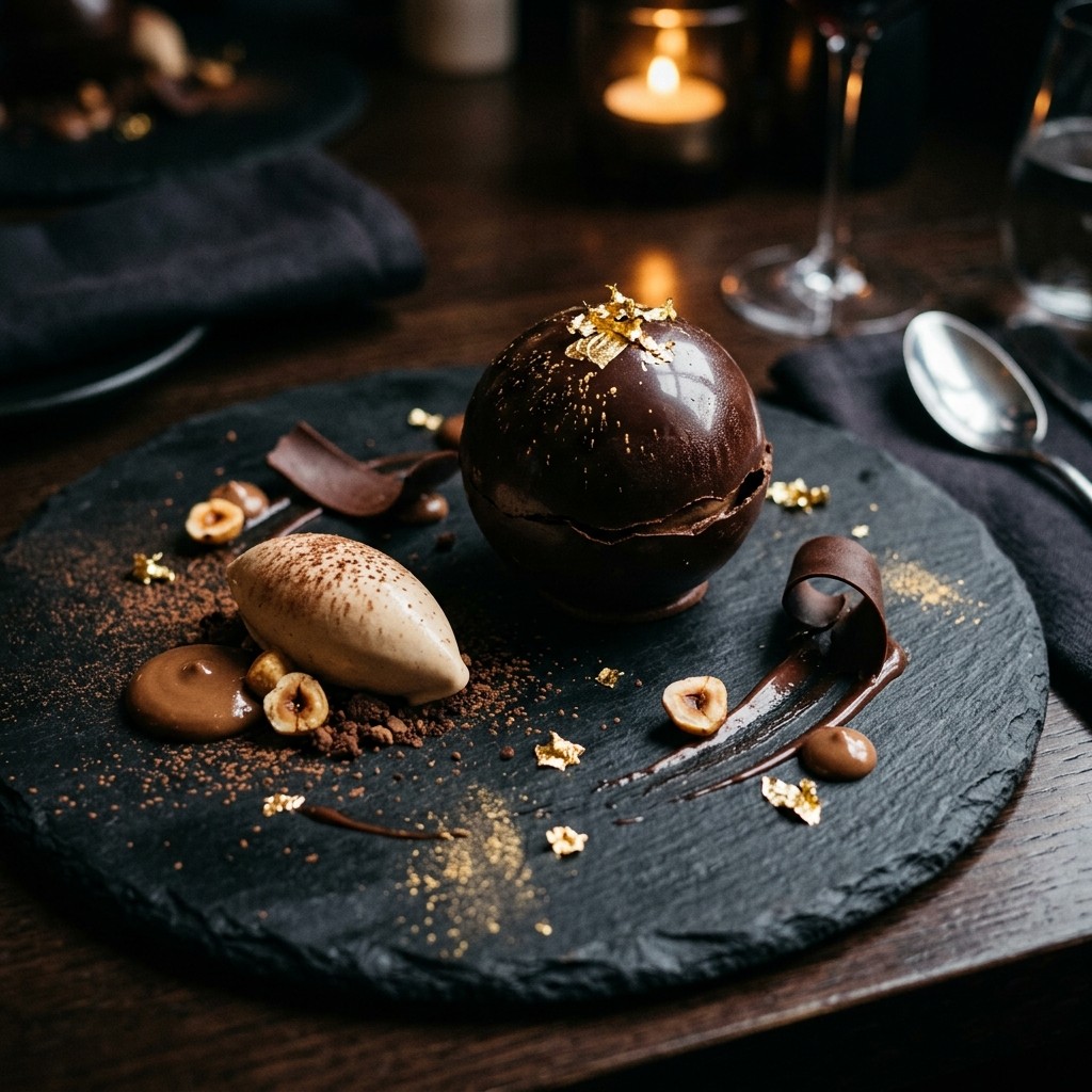 Valrhona 70% dark chocolate sphere with hazelnut crémeux, tonka gelato, and gold leaf