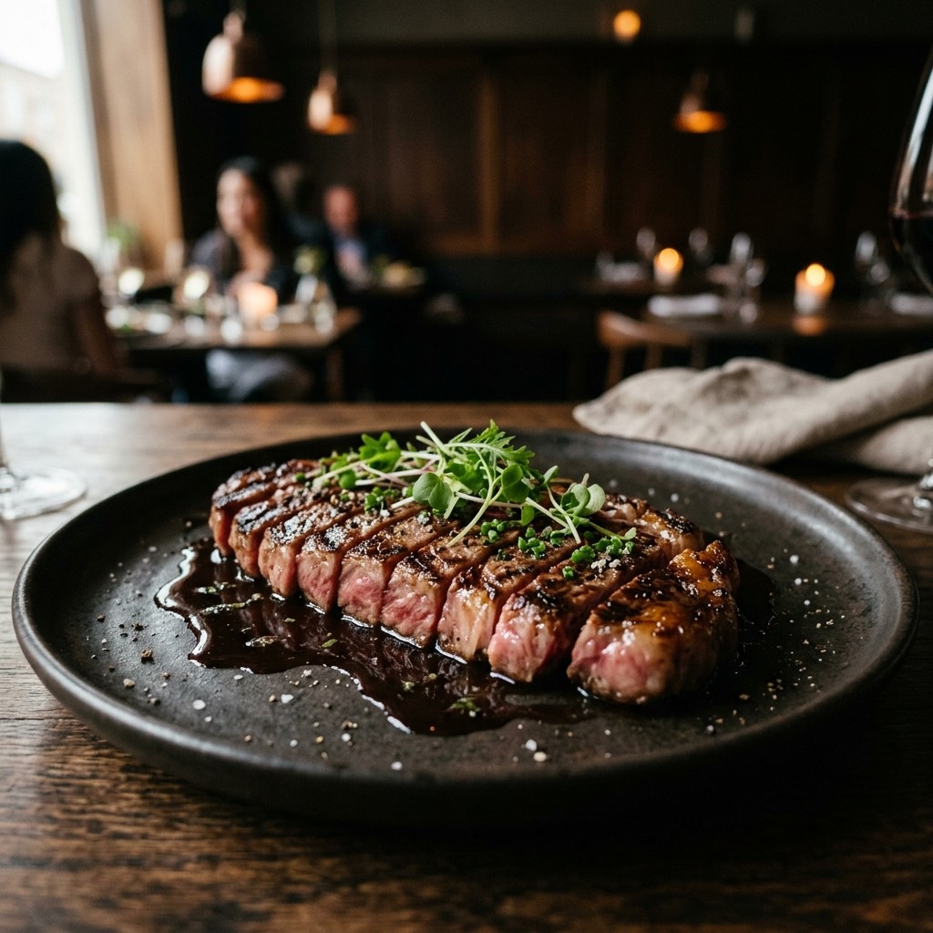 Charcoal grilled Wagyu striploin with red wine jus, seasonal vegetables, and smoked sea salt