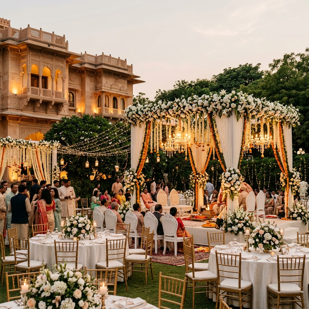 Elegant outdoor wedding ceremony setup by Raj Resort Patna