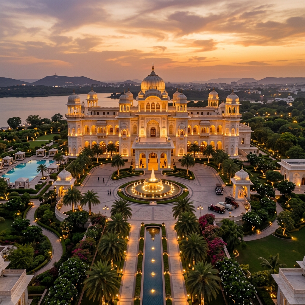 Grand facade of Veridian Resort at golden sunset, with a landscaped fountain courtyard