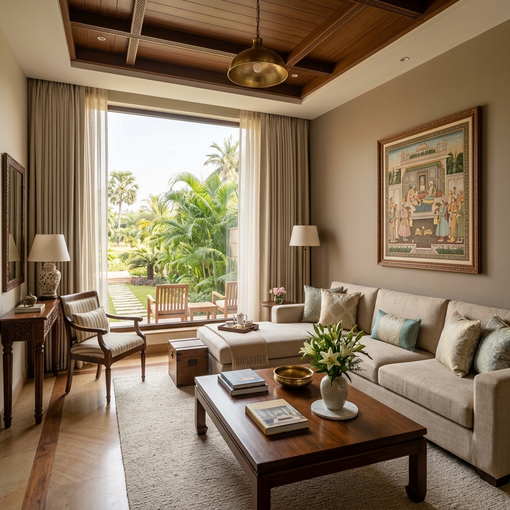 Warm, spacious luxury suite interior with garden view at Veridian Resort