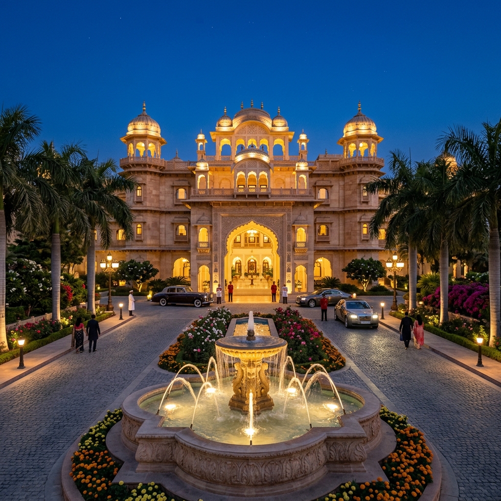 Grand entrance of Veridian Resort at blue hour, with illuminated fountains and palm-lined driveway