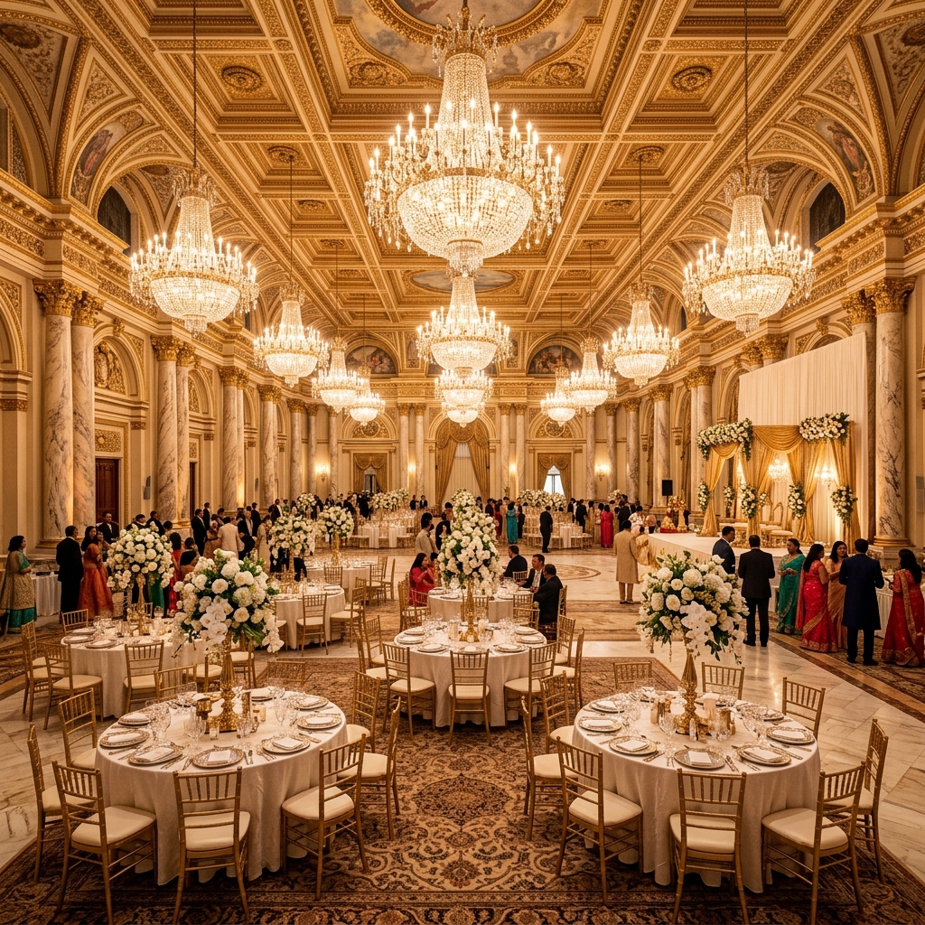 Grand Ballroom interior with crystal chandeliers and elegant banquet setup at Veridian