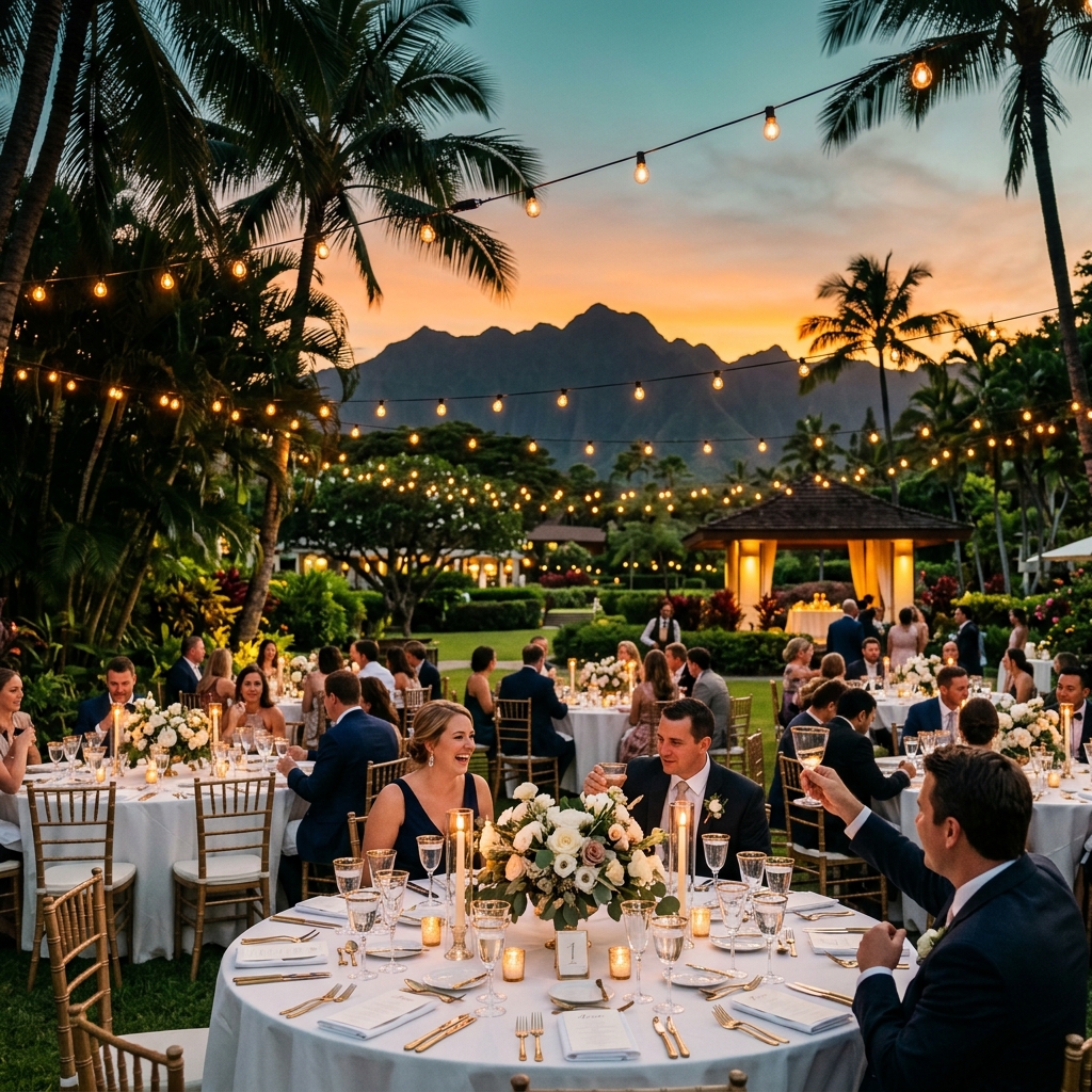 Outdoor garden lawn with Edison string lights and palm trees at Veridian Resort