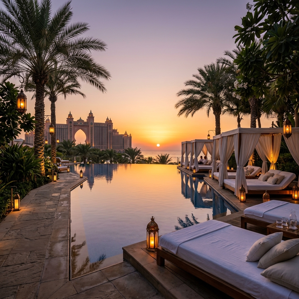 Luxury poolside pavilion with cabanas and lanterns at Veridian Resort at sunset